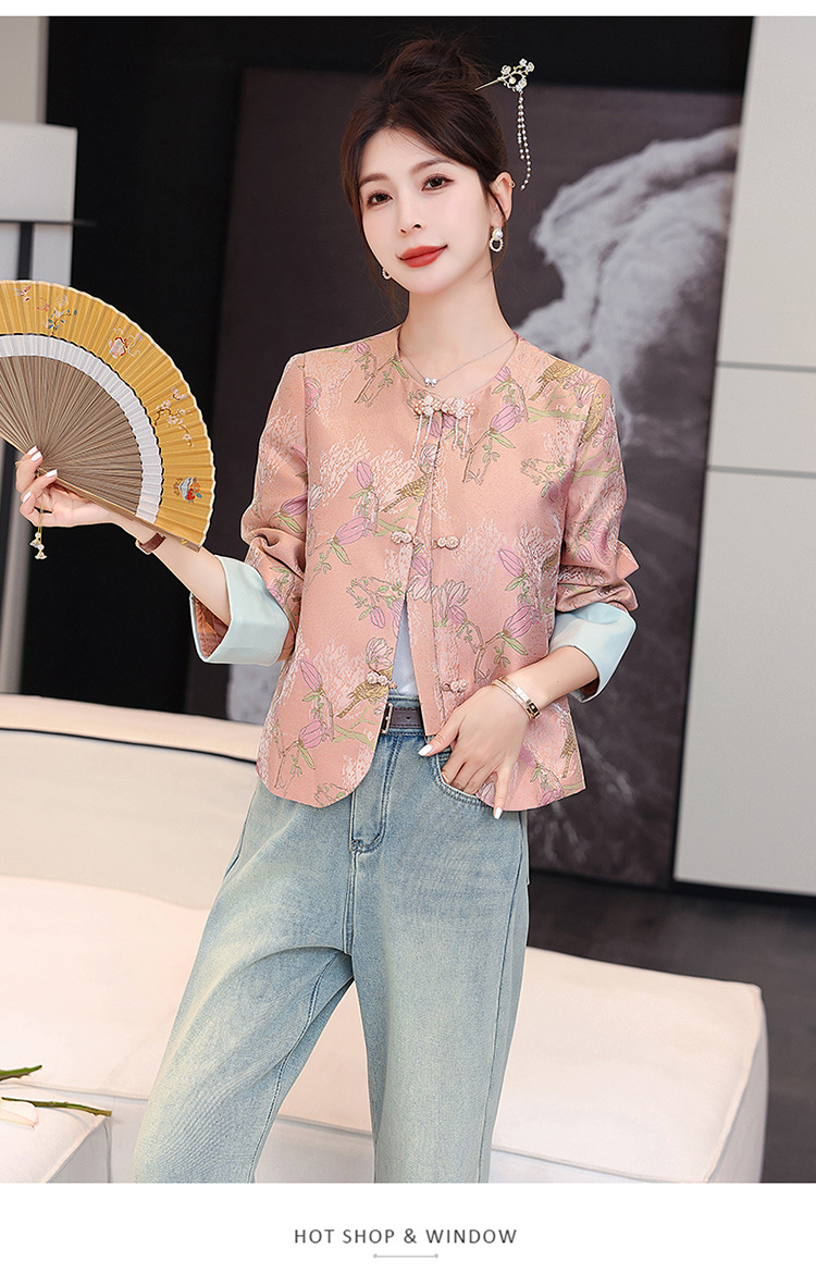 国潮新中式国风粉色提花盘扣短外套2025春季新款女装超好看唐装上衣详情19