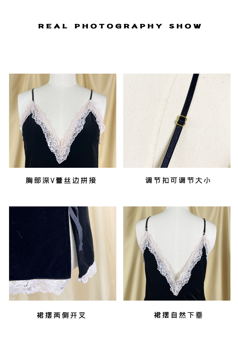 European and American cross-border velvet lace patchwork halter nightgown, deep V backless slit short skirt, sexy home pajamas 1187 pic 6