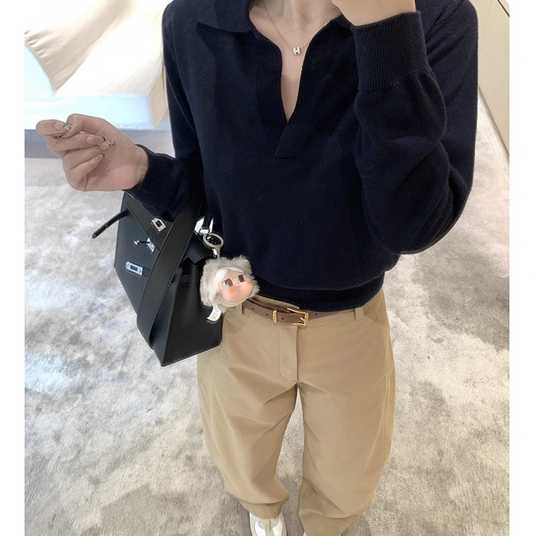 Lin12-高智淡人毛衣老钱风Polo领针织衫女慵懒休闲V领长袖上衣详情7