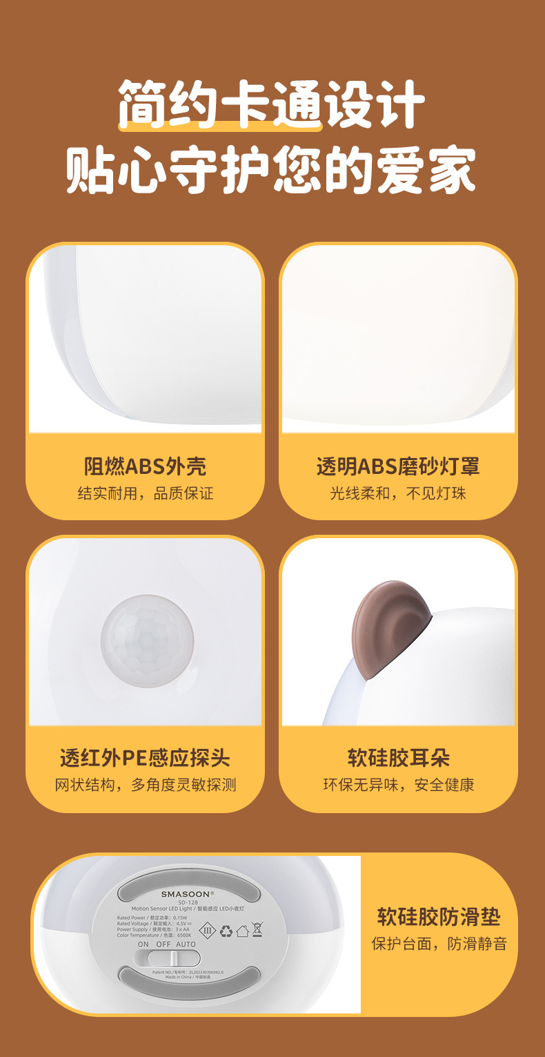 Wholesale export of battery-powered smart cartoon human body sensor night light for baby feeding, eye protection, weak light bedroom sleep light pic 9