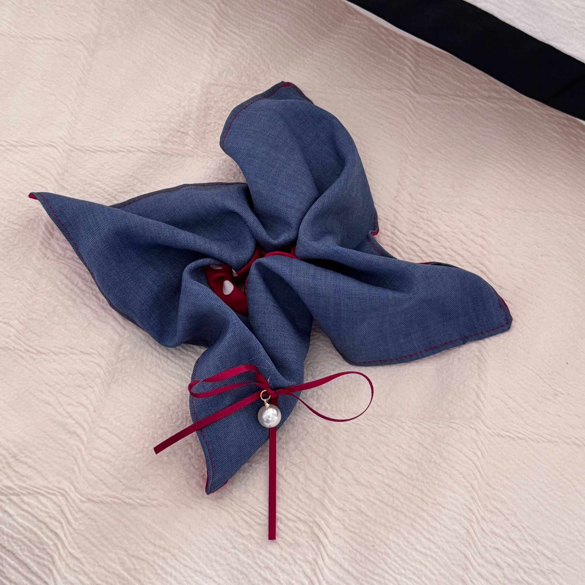 童话感红蓝撞色发圈牛仔蓝红拼色波点双面发饰甜美小众学院风发饰详情17