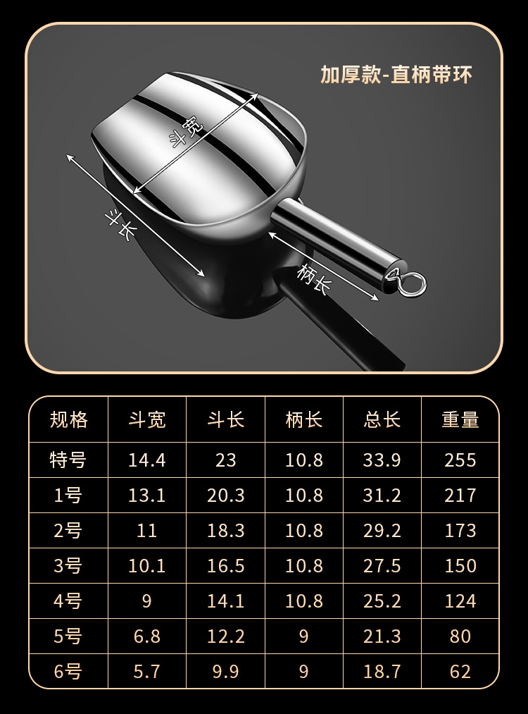 跨境不锈钢冰铲加厚干果五谷杂粮铲面粉铲豆铲冰块勺米铲食品铲子详情22