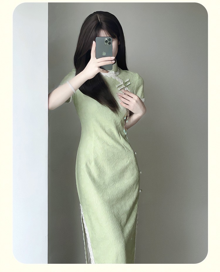 Tingyueling Cheongsam 2024 New Improved Version Spring/Summer Youthful Green dress with Chinese style New Chinese style pic 2