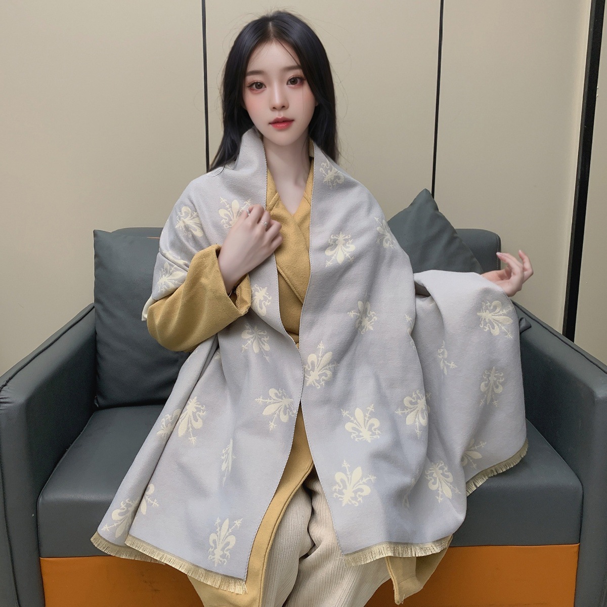 围巾女冬季欧美风格佛罗伦萨鸢尾花披肩加厚百搭双面保暖围脖保暖详情43