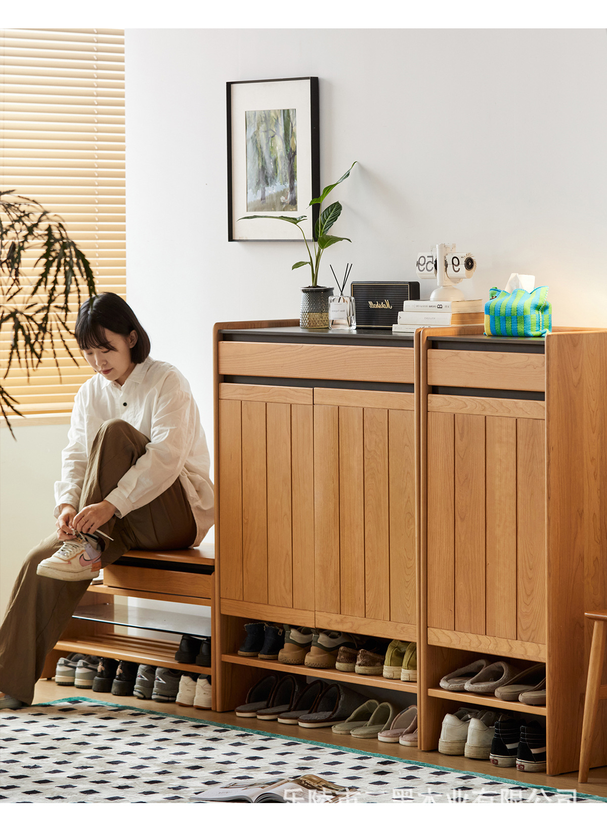 二黑木业实木鞋柜门口超薄置物柜岩板日式樱桃木入户大容量玄关柜详情35