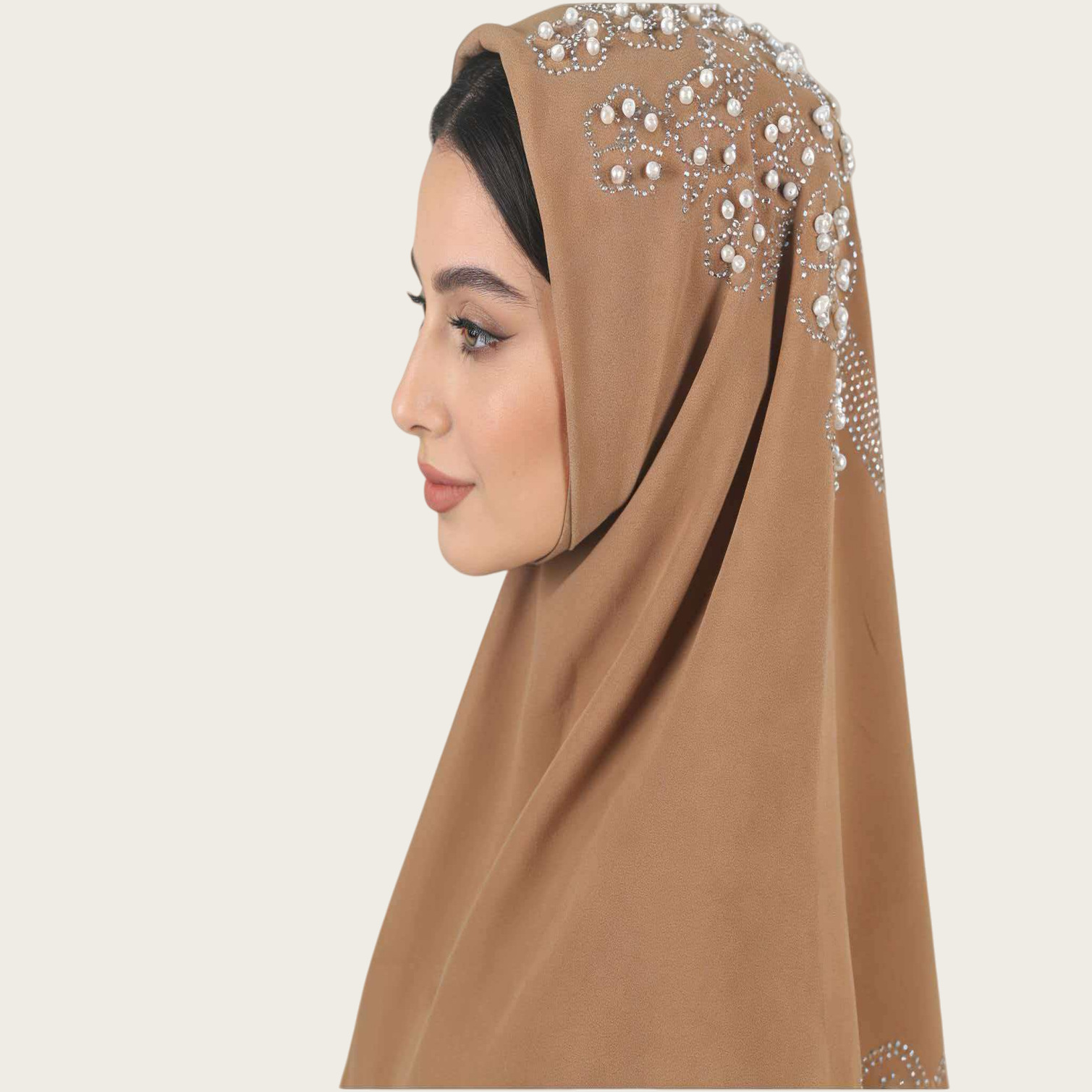 M145厂家烫钻妇女头巾民族风盖头珍珠雪纺围巾流行纱巾素色单色详情14