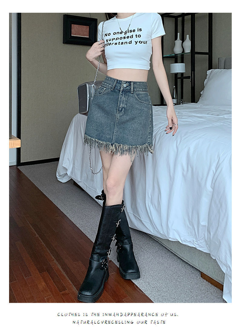 复古a字牛仔短裙女小众设计感2025夏季高腰流苏毛边包臀裙带内衬详情5
