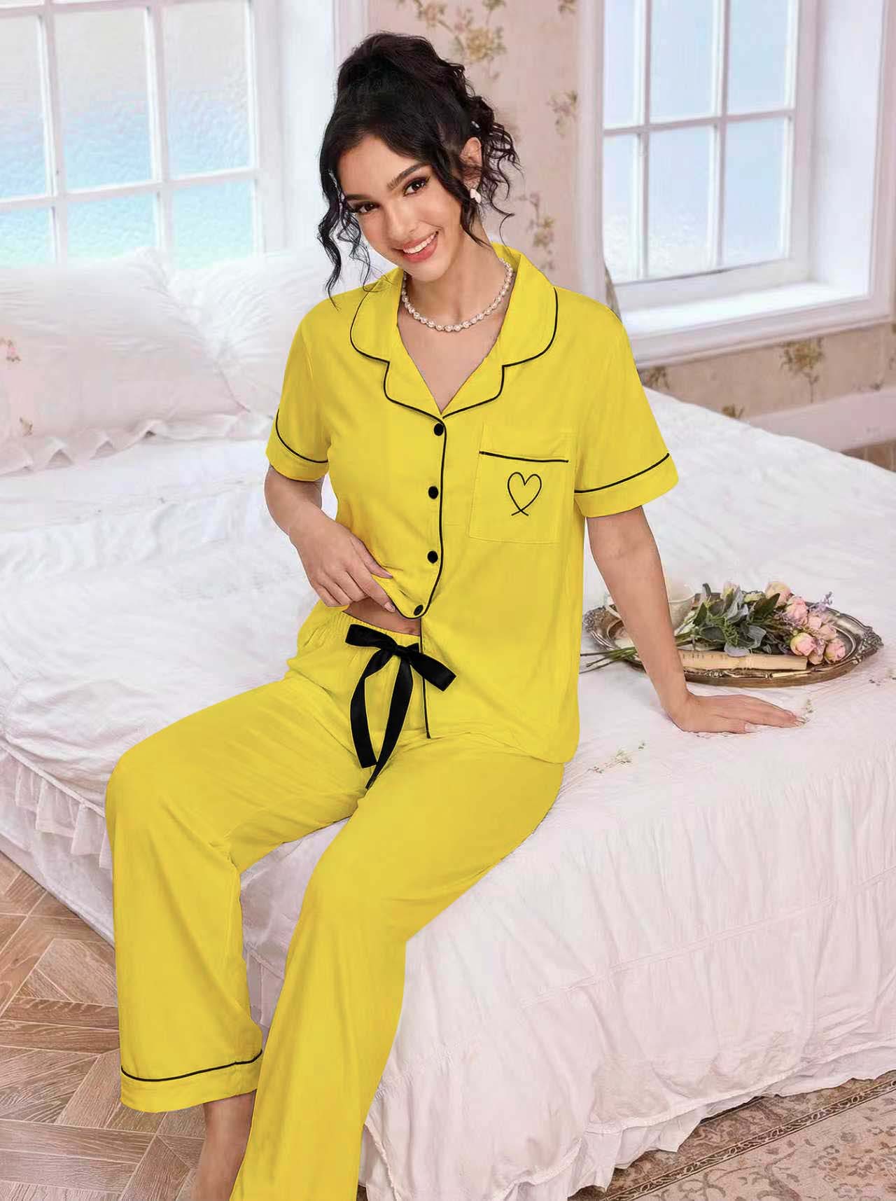 亚马逊欧美家居服套装翻领开衫短袖长裤爱心绣花睡衣女外贸独立站详情25