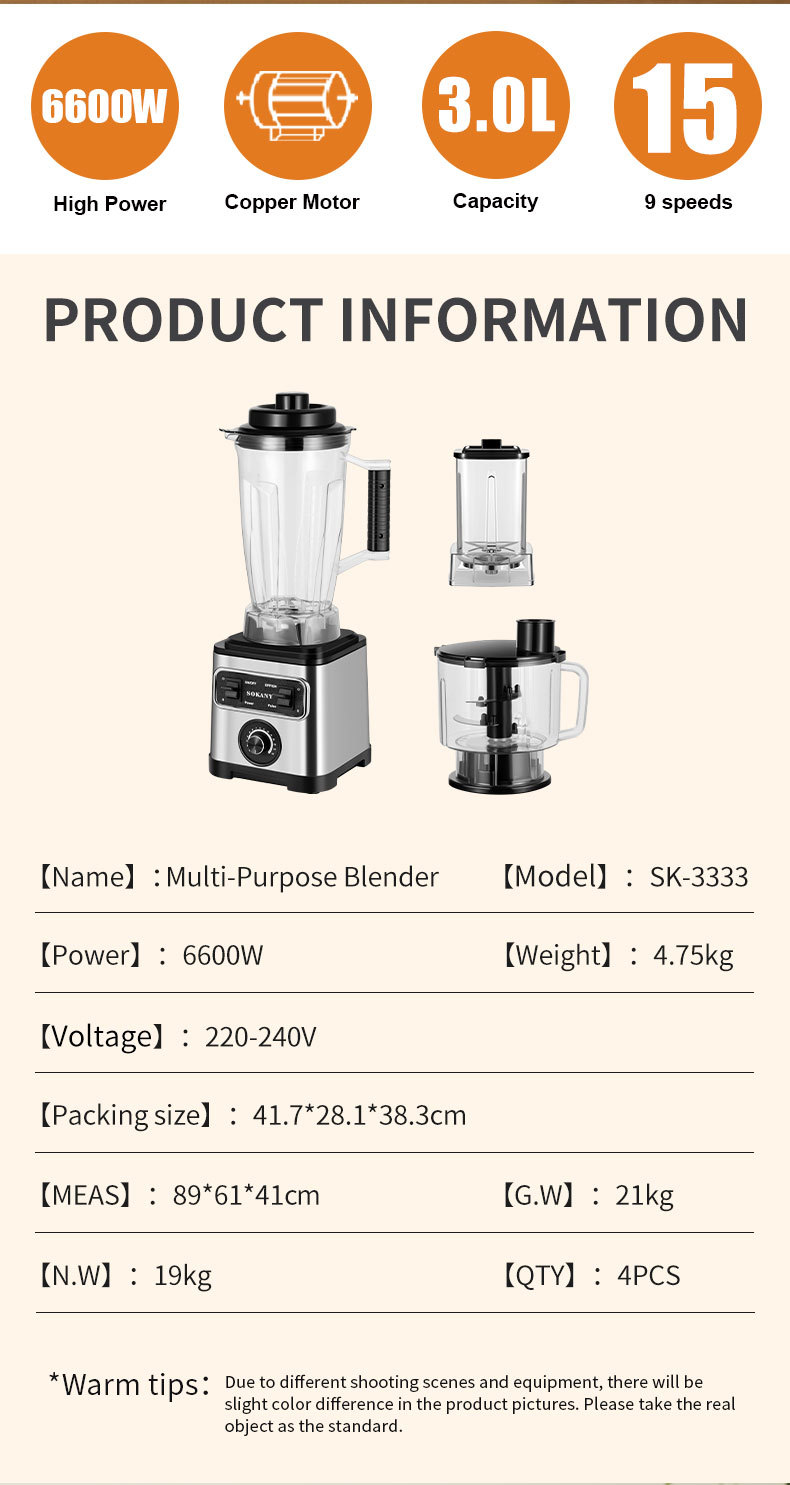 New SOKANY3333 blender, a household three-in-one meat grinder, bean grinder, ice crusher, food processor, juicer and blender pic 3