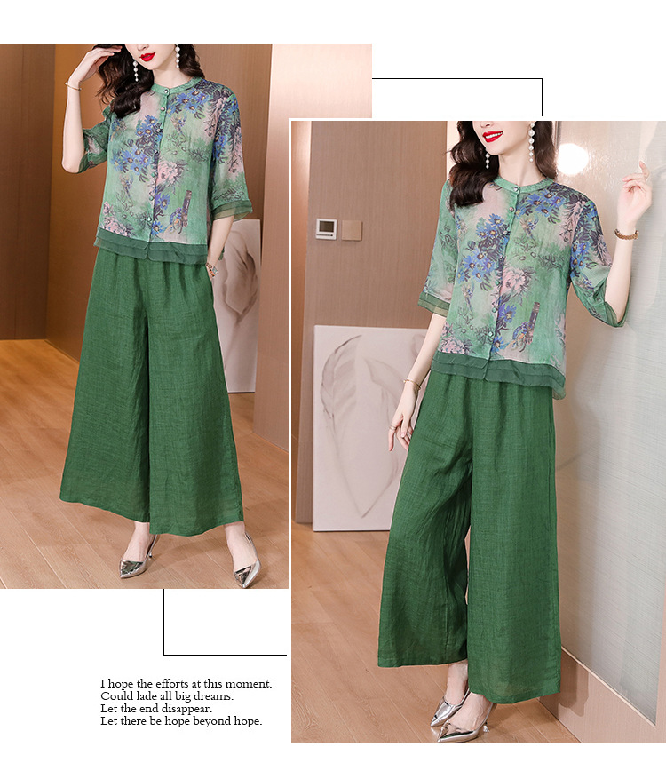 Wide-leg pants set for women, printed ramie shirt top, 2023 new style, retro large-sized cotton and linen pants two-piece set for summer pic 11