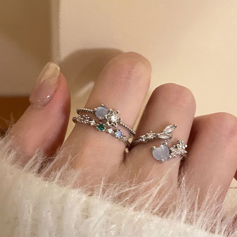 海蓝爱心月光锆石开口戒指女轻奢小众设计感食指戒气质可调节指环详情2