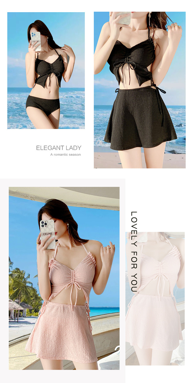 纯欲风分体裙式泳衣女绑带吊带小胸聚拢纯色度假泳池比基尼套装-107041 pic 21