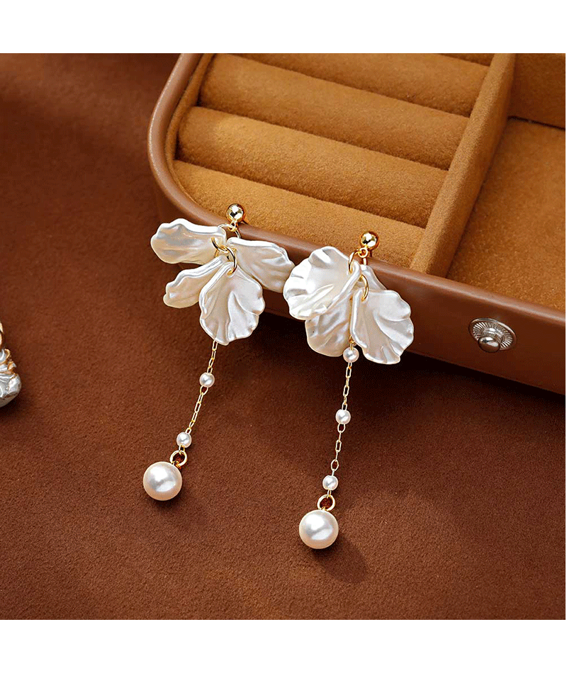 Hyacinth925 agujas de plata premium sense concha pétalos de perlas pendientes coreanos dulce temperamento orejeras largas borlas pendientes pic 4