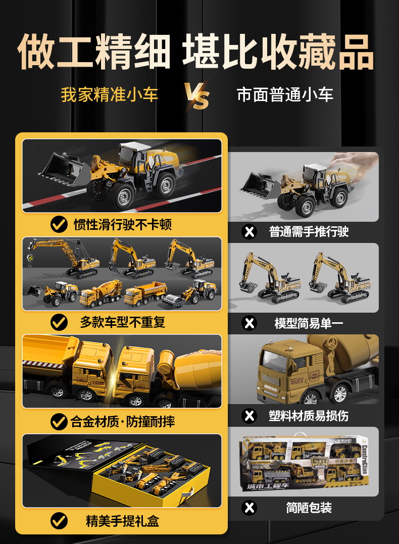 贝杰斯挖掘机合金工程车套装模型男儿童玩具车推土机送礼生日礼物详情6