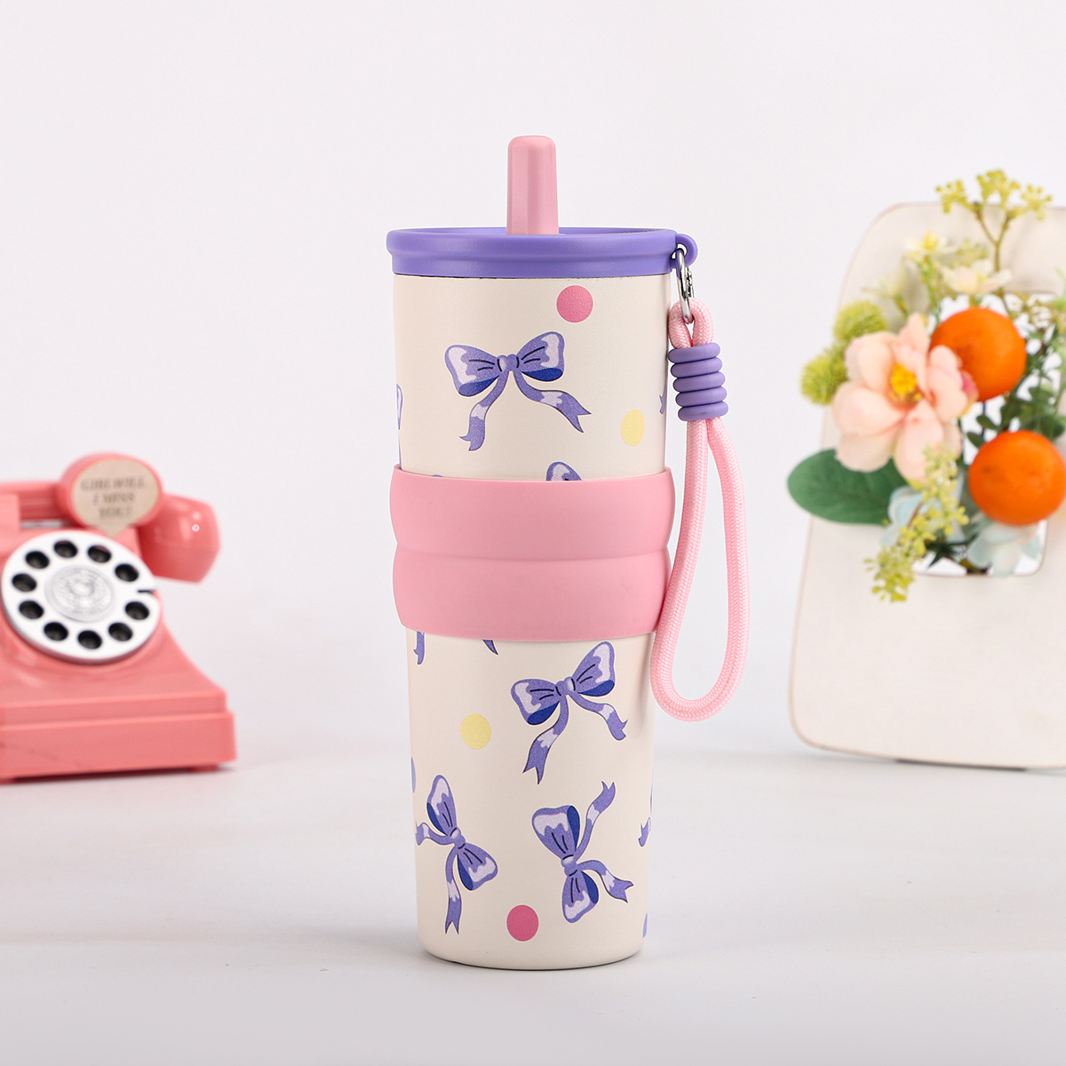 卡通插画提绳吸管杯304不锈钢真空保温杯车载保冷冰霸学生水杯详情6