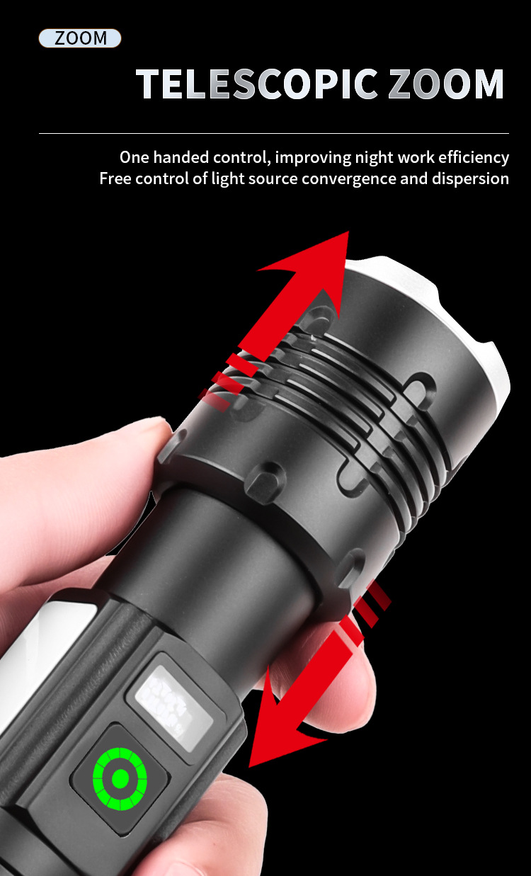 跨境新品白激光LED手电筒数显TYPE-C充电侧灯红白光强光手握式照明工具详情6
