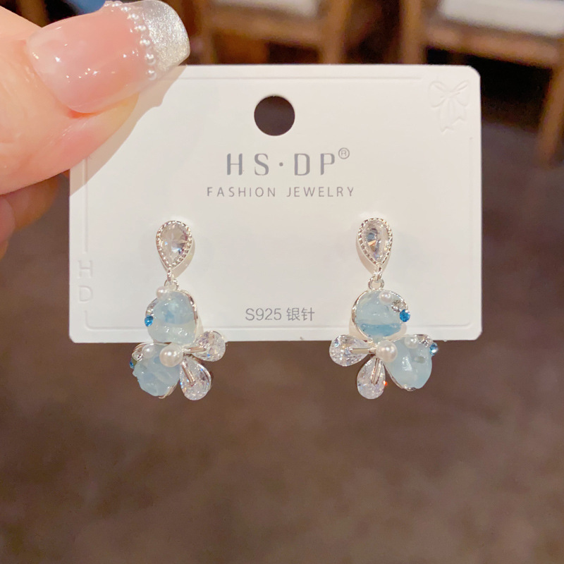 夏季小清新水晶蝴蝶耳坠女s925银针小众气质简约甜美百搭耳环批发详情6