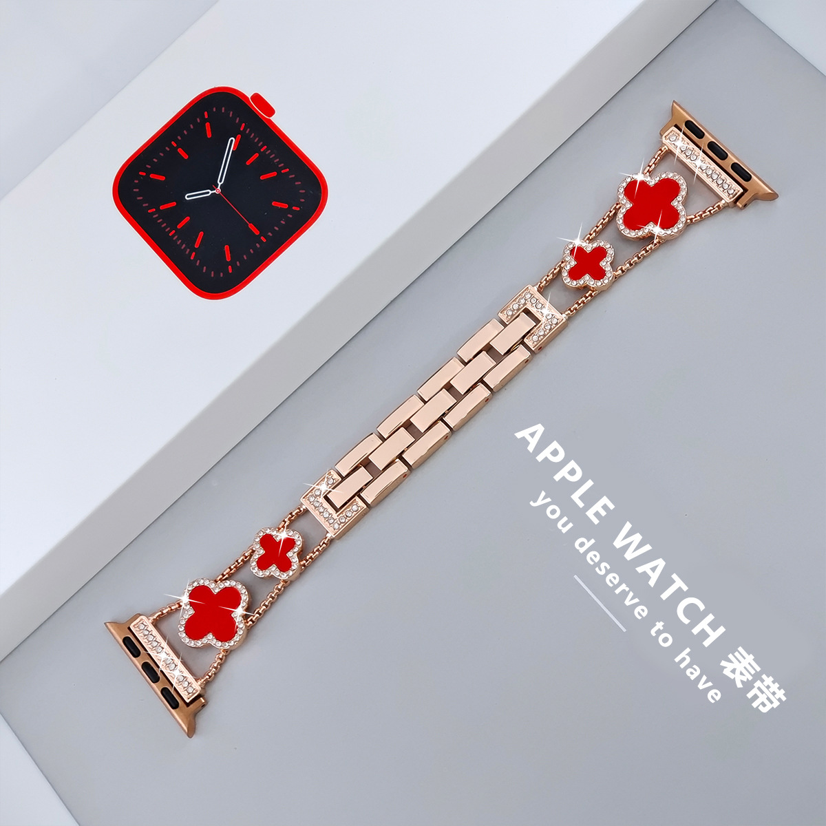 适用苹果手表 apple watch  SE1-9代时尚镶钻四叶草金属表带详情24