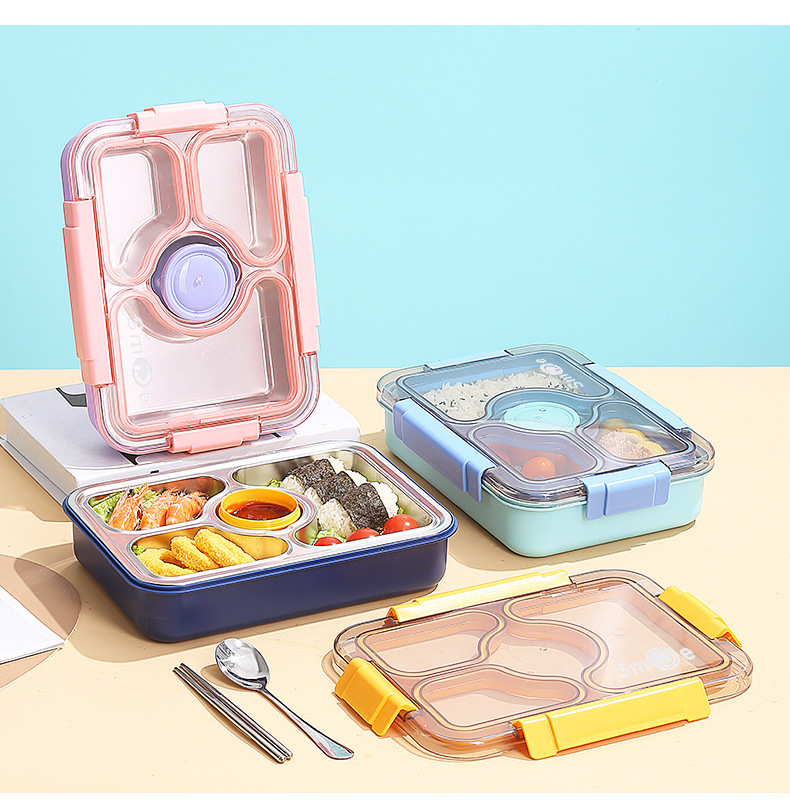 Simple Japanese-style four-compartment lunch box with bowl, 304 stainless steel sealed lunch box, portable lunch box for students and office workers, with spoons and chopsticks pic 28