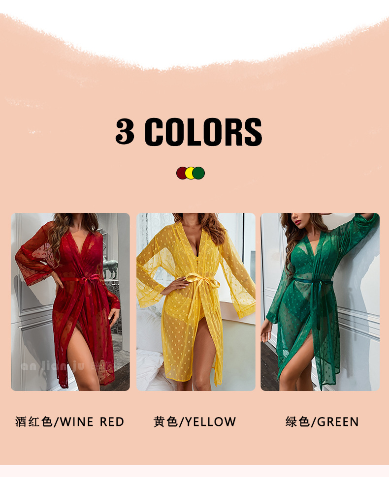 Cross-border foreign trade independent station Sexy mesh see-through pajamas four-piece set Long outer robe bra underwear set 9076 pic 3