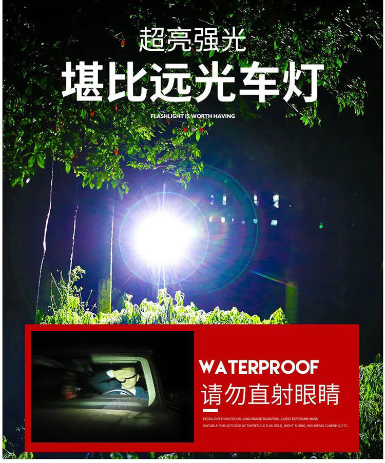 跨境爆款ABS强光LED手电USB充电显示户外家用便携夜钓露营手电筒详情4