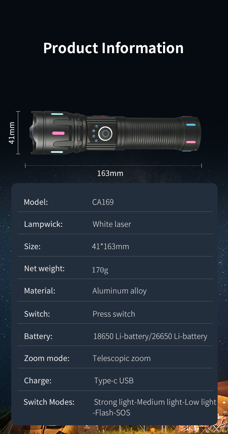 跨境热卖批发变焦强光手电快充铝合金远射充电宝高亮白激光手电筒详情14