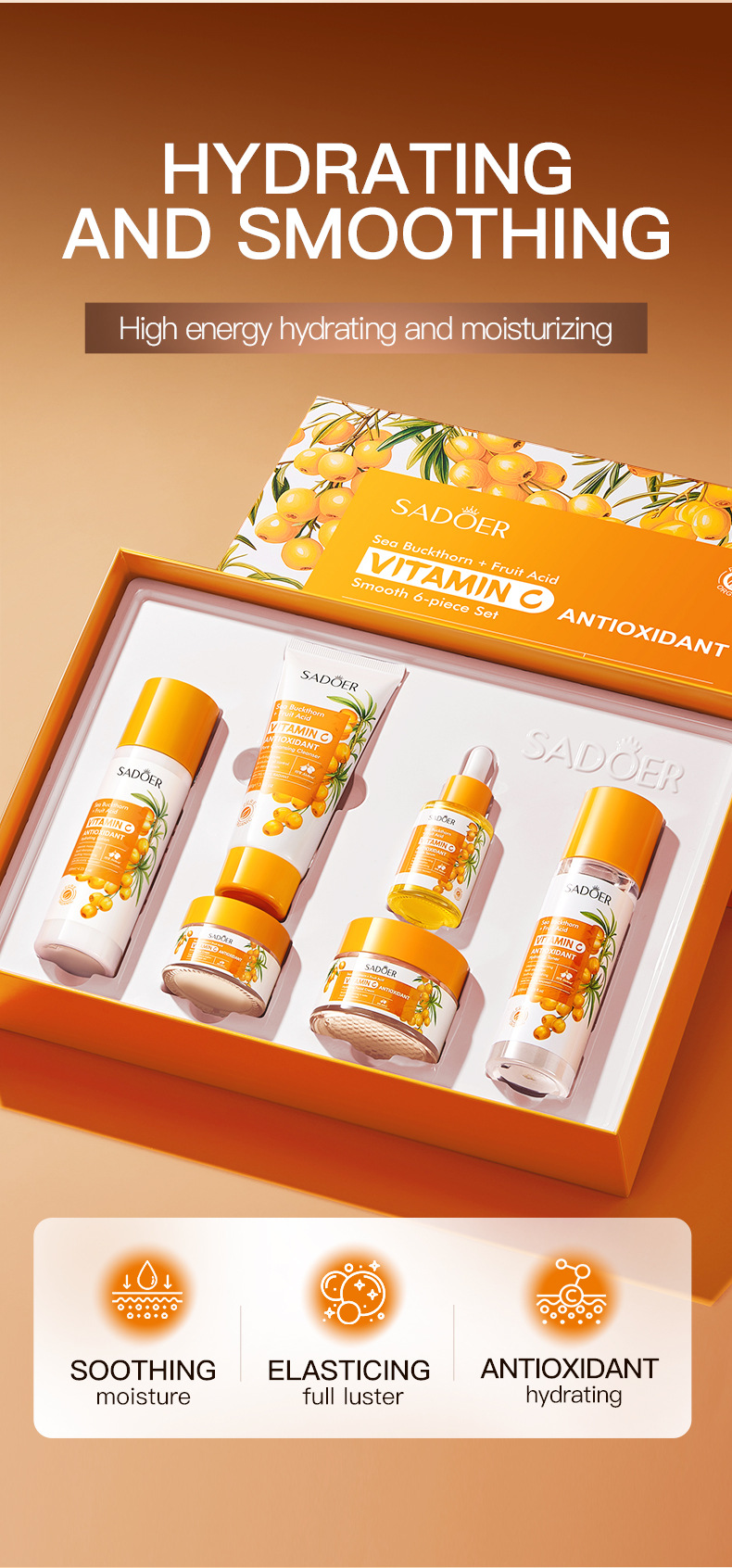 Cross-border export wholesale of all-English sea buckthorn vitamin C Antioxidant six-piece SADOER moisturizing set pic 4