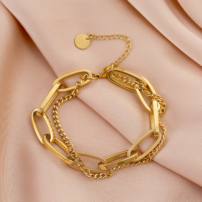 A retro and fashionable gold double-layer thick bracelet made of titanium steel, a trendy accessory for women pic 1