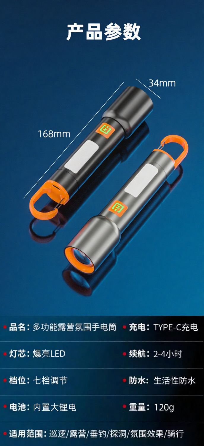 新款白红蓝三光源led手电筒强光远射长续航cob侧灯带挂钩充电手电详情19