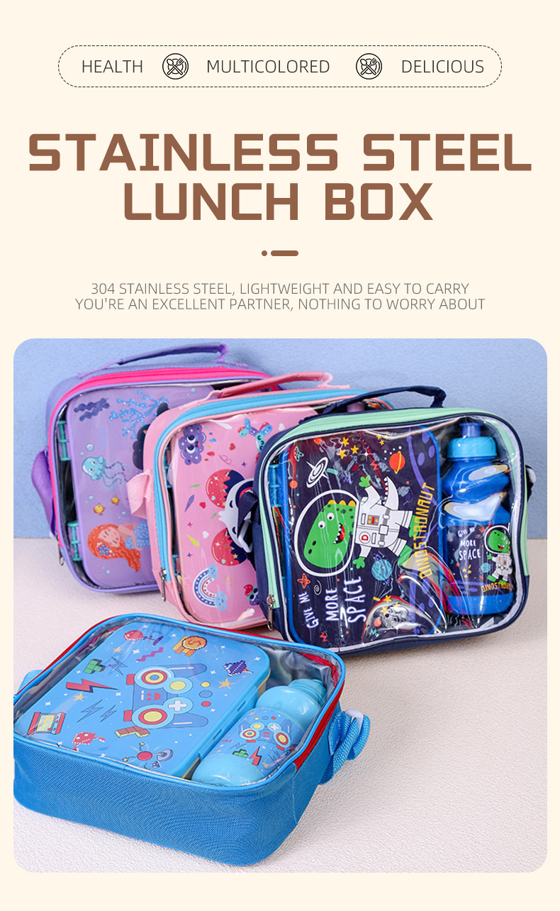 跨境热卖儿童可爱手提水杯饭盒套装厂家学生卡通分格便当盒餐包详情1