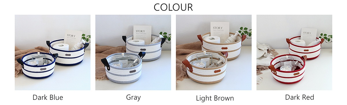 Round cotton rope woven storage basket with leather handle, InS-style desktop storage basket, cosmetics and toys storage box, Nordic style pic 3