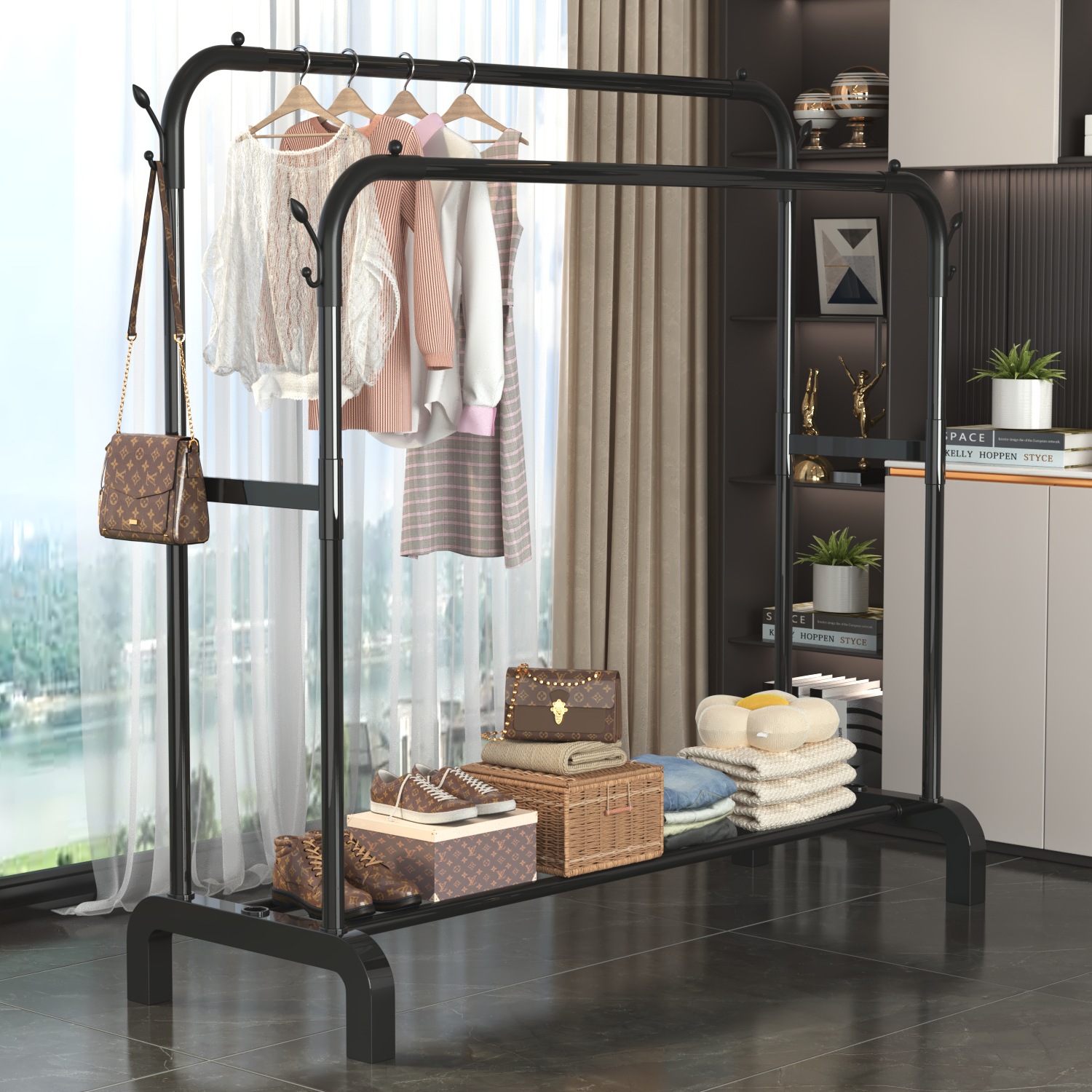落地双杆衣架服装店宿舍卧室挂衣服架子室内晾衣架可移动多功能衣详情2