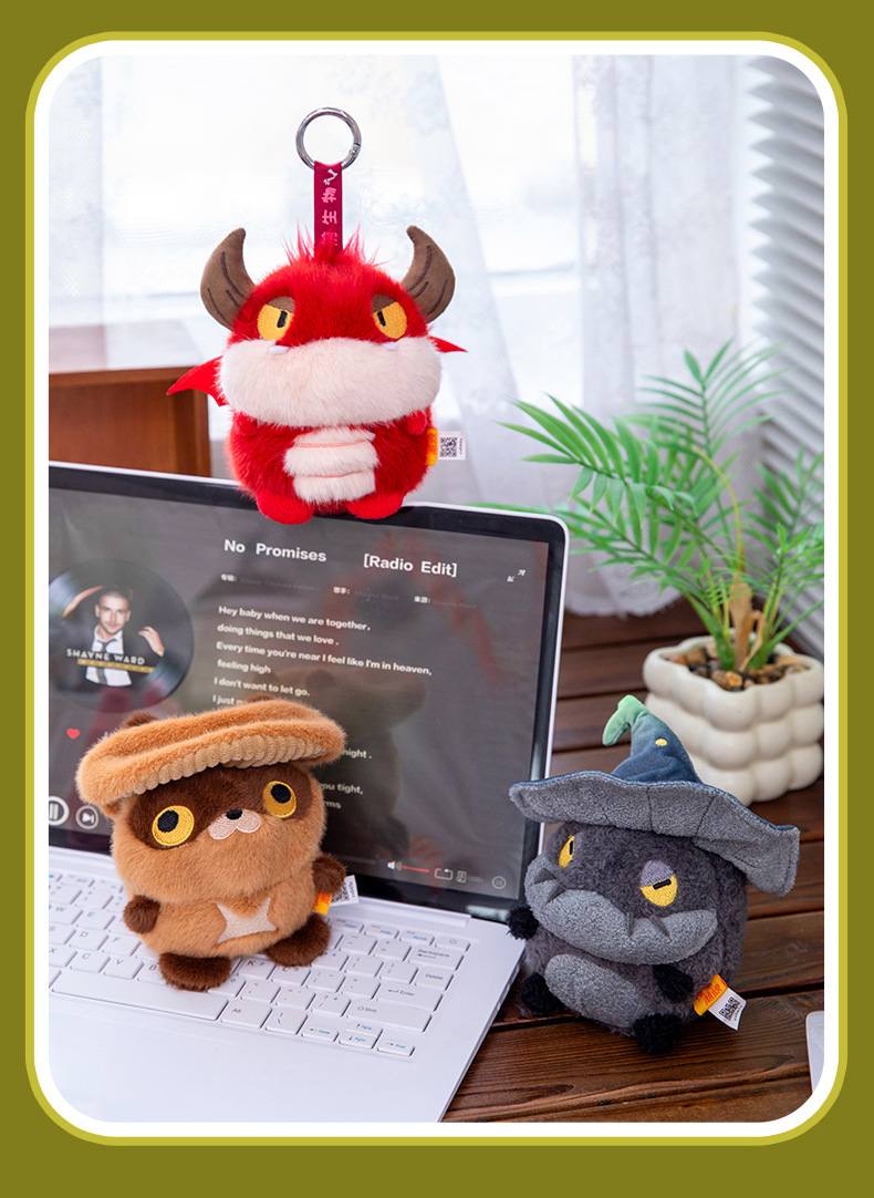 A grey totoro wearing a wizard hat and a red horned dragon plush toy AI star Man AI toy pic 17