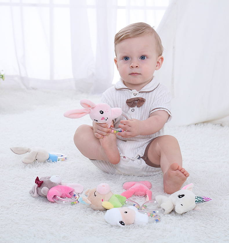 BBSKY baby cartoon animal plush doll, colorful beads, hand-held bed, bell ring, rubber particles, bell ring, round handle pic 41