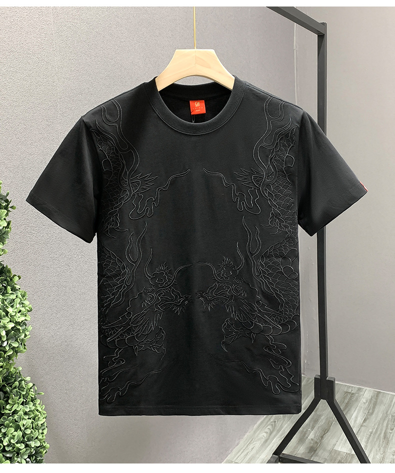This is a rare and light luxury T-shirt for men, featuring heavy embroidery and a sense of design. It is a casual and loose short-sleeved shirt pic 2