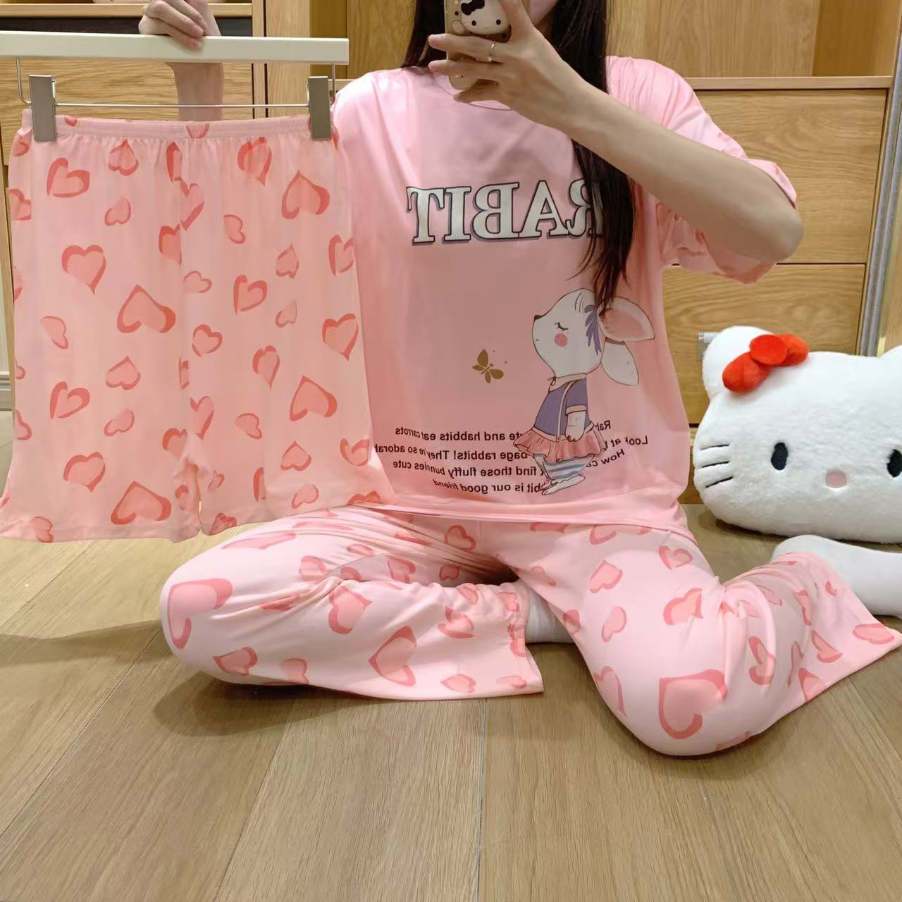 pajamas外贸工厂批发卡通夏季睡衣女短袖大码长裤三件套家居套装详情32