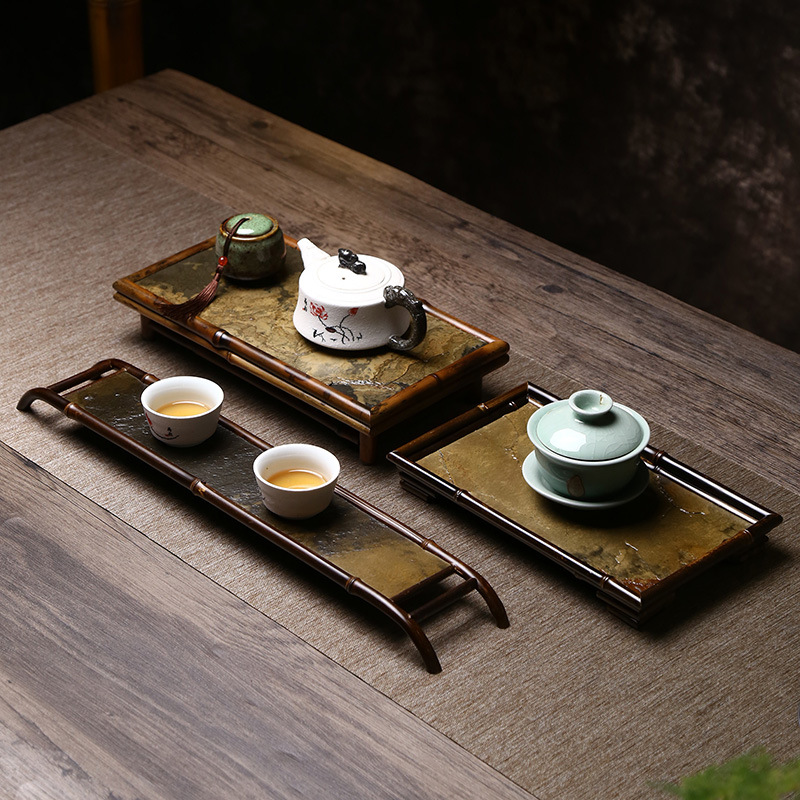 安吉梅鹿竹石面茶托盘 石面茶盘 石头制作竹工艺品 斑竹大漆国潮制品详情29
