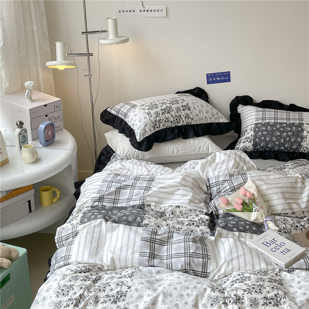 French Hepburn style pure cotton four-piece set, high-end feel, pure cotton black and white sketch flower duvet cover, all-cotton edge bedding pic 29
