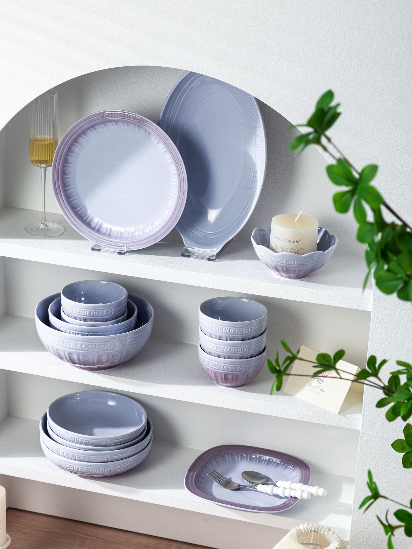 渐变紫北欧高颜值碗盘套装家用陶瓷米饭碗圆盘汤碗乔迁高级感餐具详情3