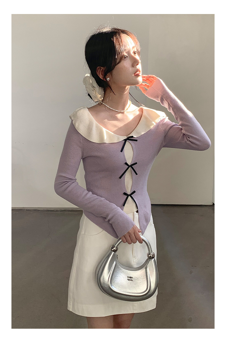 衣尔衫 设计感 假两件娃娃领蝴蝶结针织衫女短款温柔修身气质0337详情26