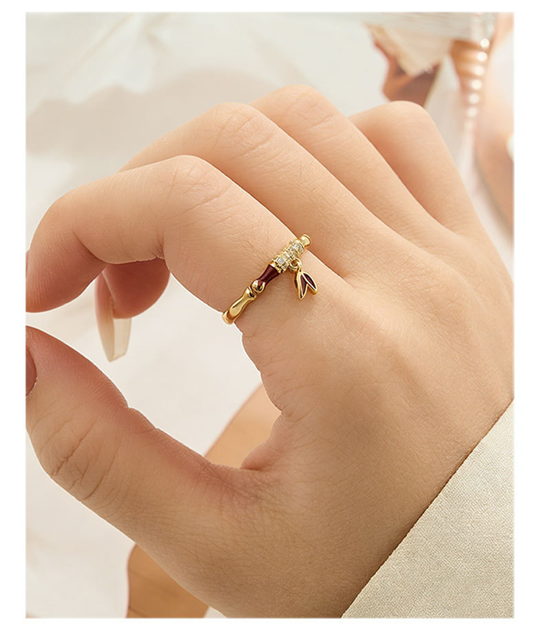 Light luxury Chinese-style bamboo joint open ring, copper alloy micro-inlaid zircon enamel oil drip pendant design, adjustable ring pic 12