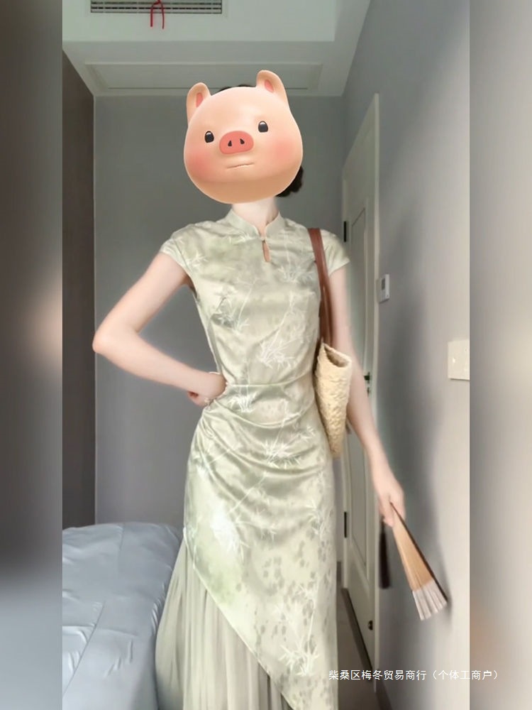 胖mm新中式优雅气质旗袍连衣裙女假两件修身长裙文艺复古立领详情12