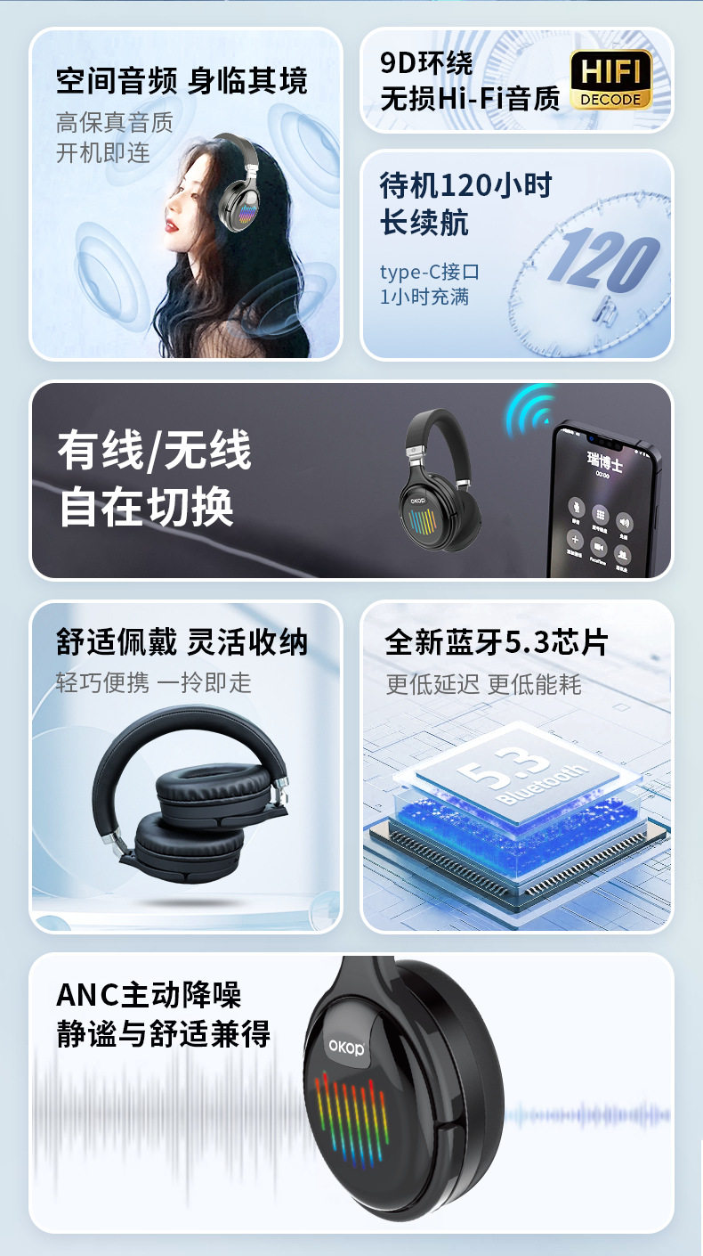 The H103 over-ear Bluetooth headphones are a cross-border bestseller with foldable RGB ambient lighting, active noise cancellation and dynamic driver speakers pic 4