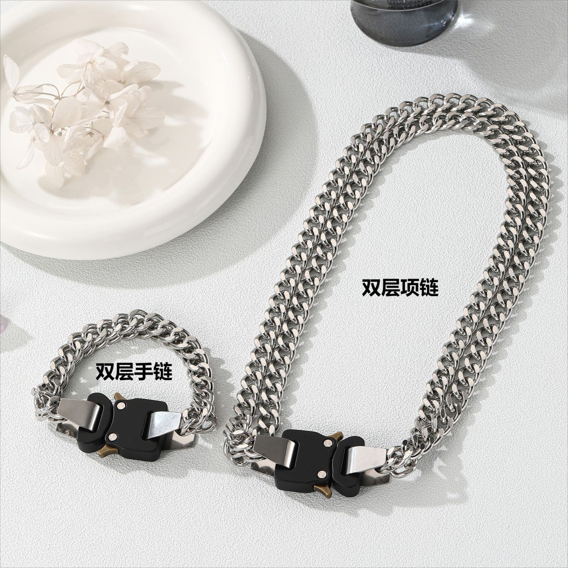 欧美饰品百搭高街机能风双层古巴链男女钛钢短复古项链手链批发详情9