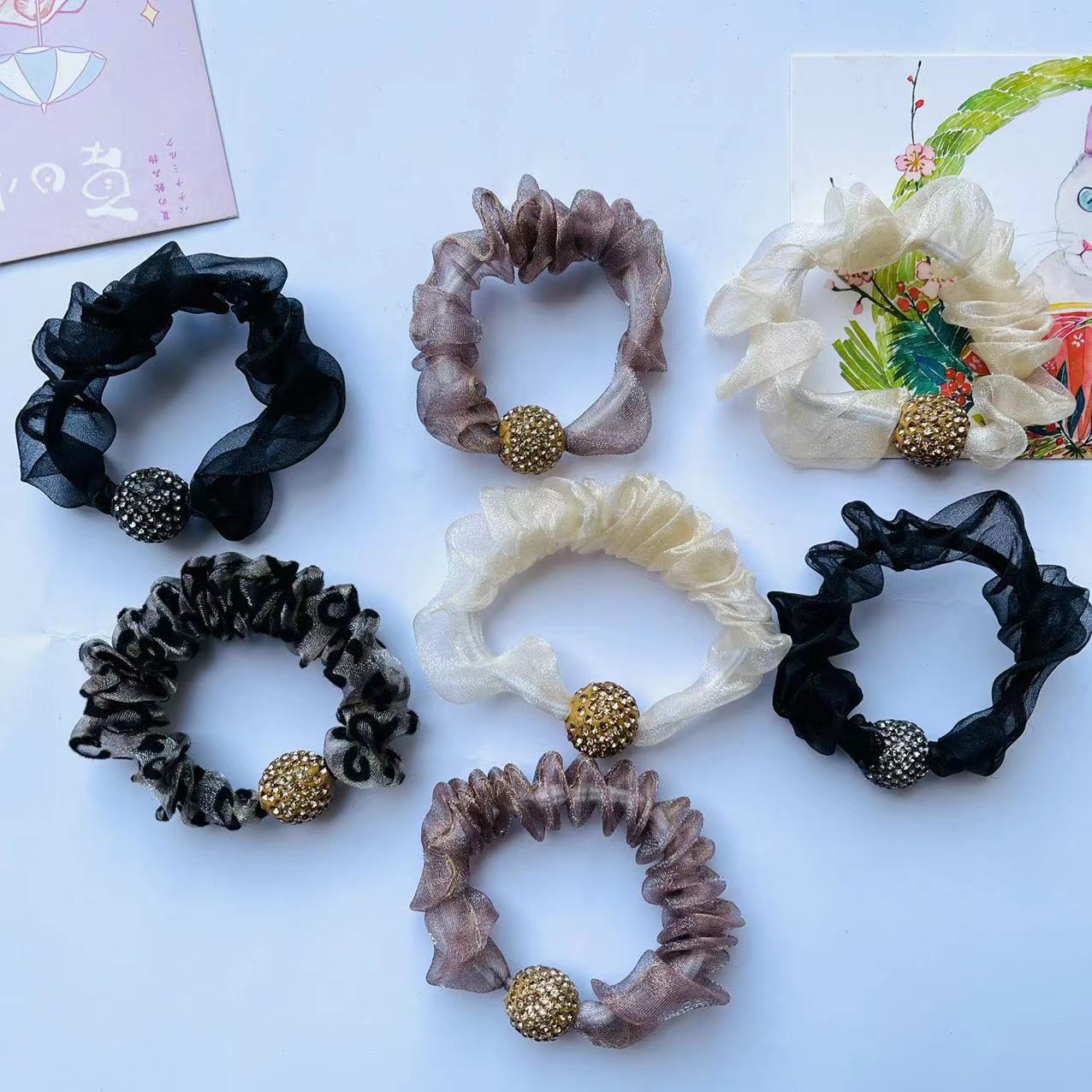 No. 107 5-yarn diamond ball 100 per bundle, a popular new and internet-famous hair tie, silk yarn diamond ball small intestine hair band, hair tie, bun hair decoration for girls pic 5