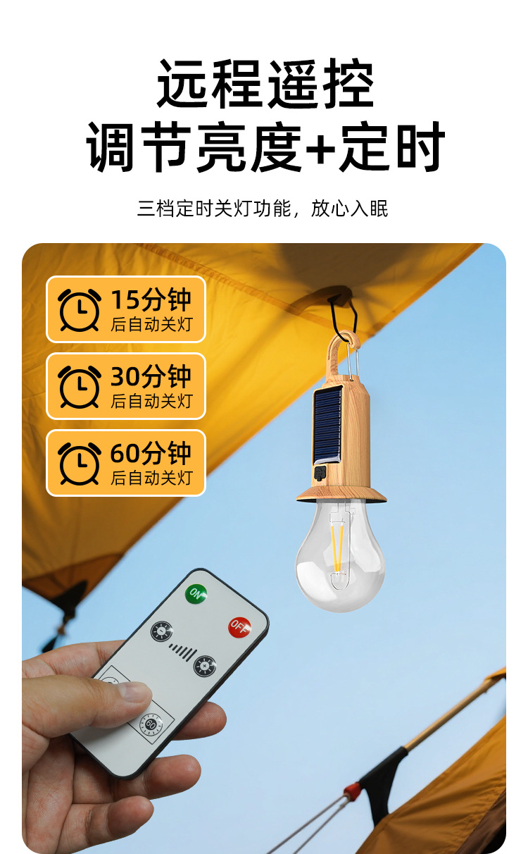 新款太阳能充电灯泡遥控防雨露营球泡灯营地挂钩式暖光钨丝灯泡详情7