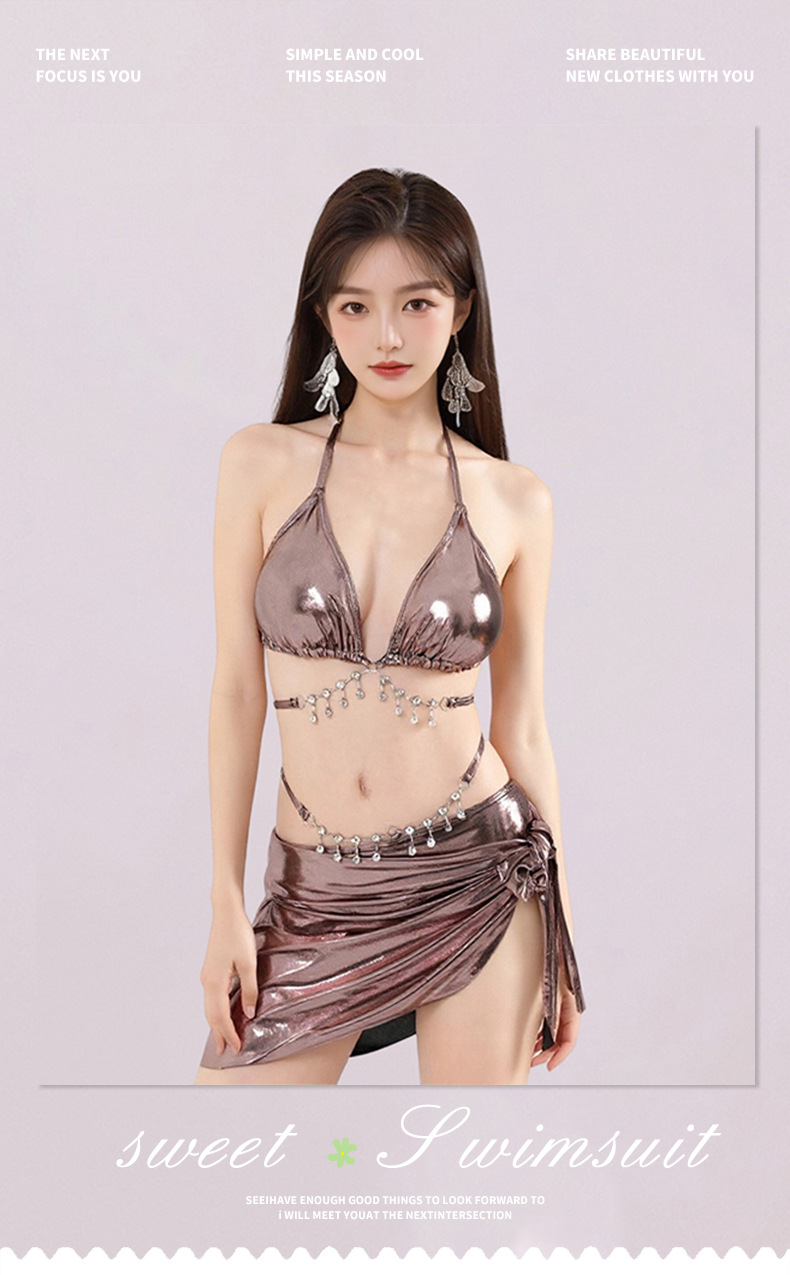 性感挂脖亮面比基尼女带链条分体泳衣套装度假海边游泳显瘦泳装125086详情3