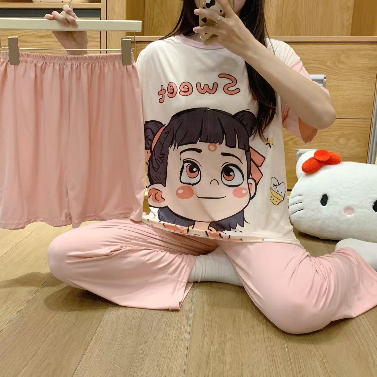 pajamas外贸工厂批发卡通夏季睡衣女短袖大码长裤三件套家居套装详情15