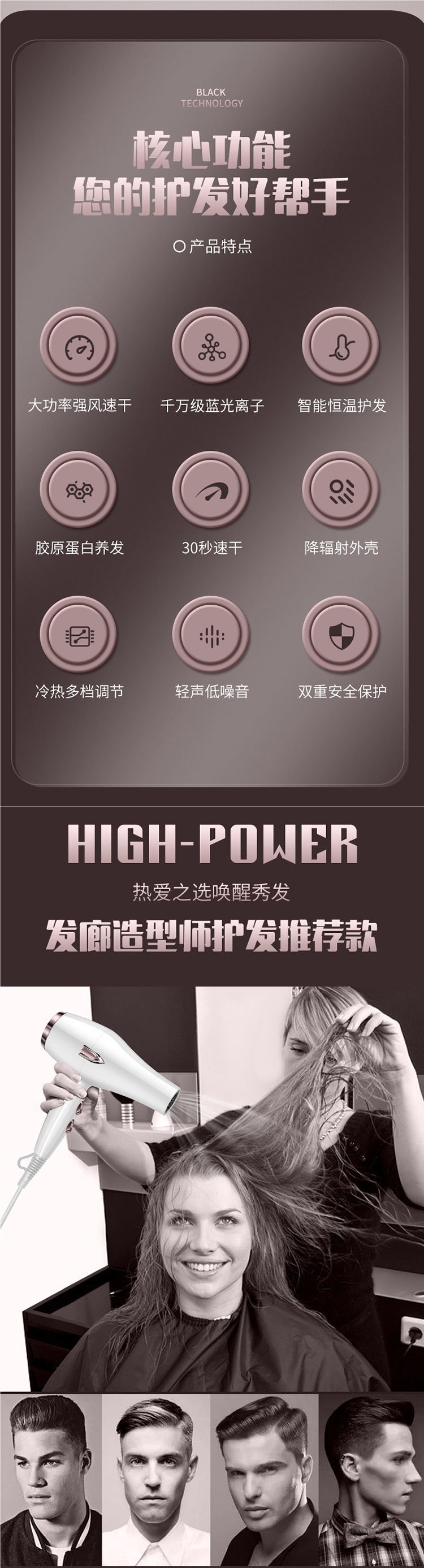 德国发型师吹风机3000发廊大功率家用强风冷热风蓝光负离子护发静详情2