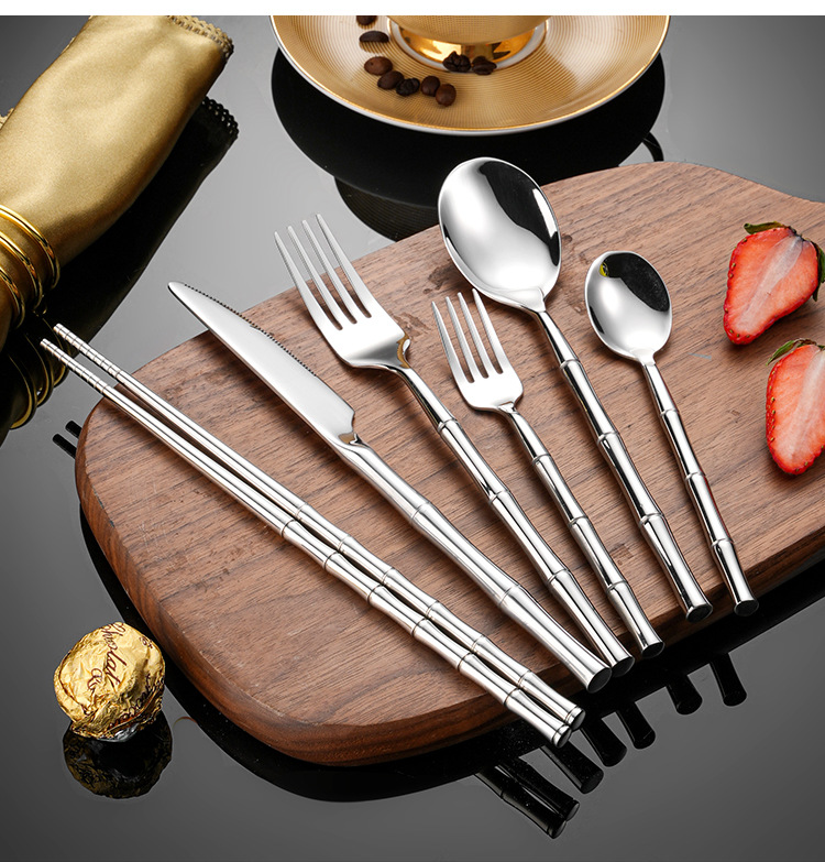 304不锈钢创意高档礼品酒店精品竹节西餐具牛排刀餐叉甜品勺筷子详情12